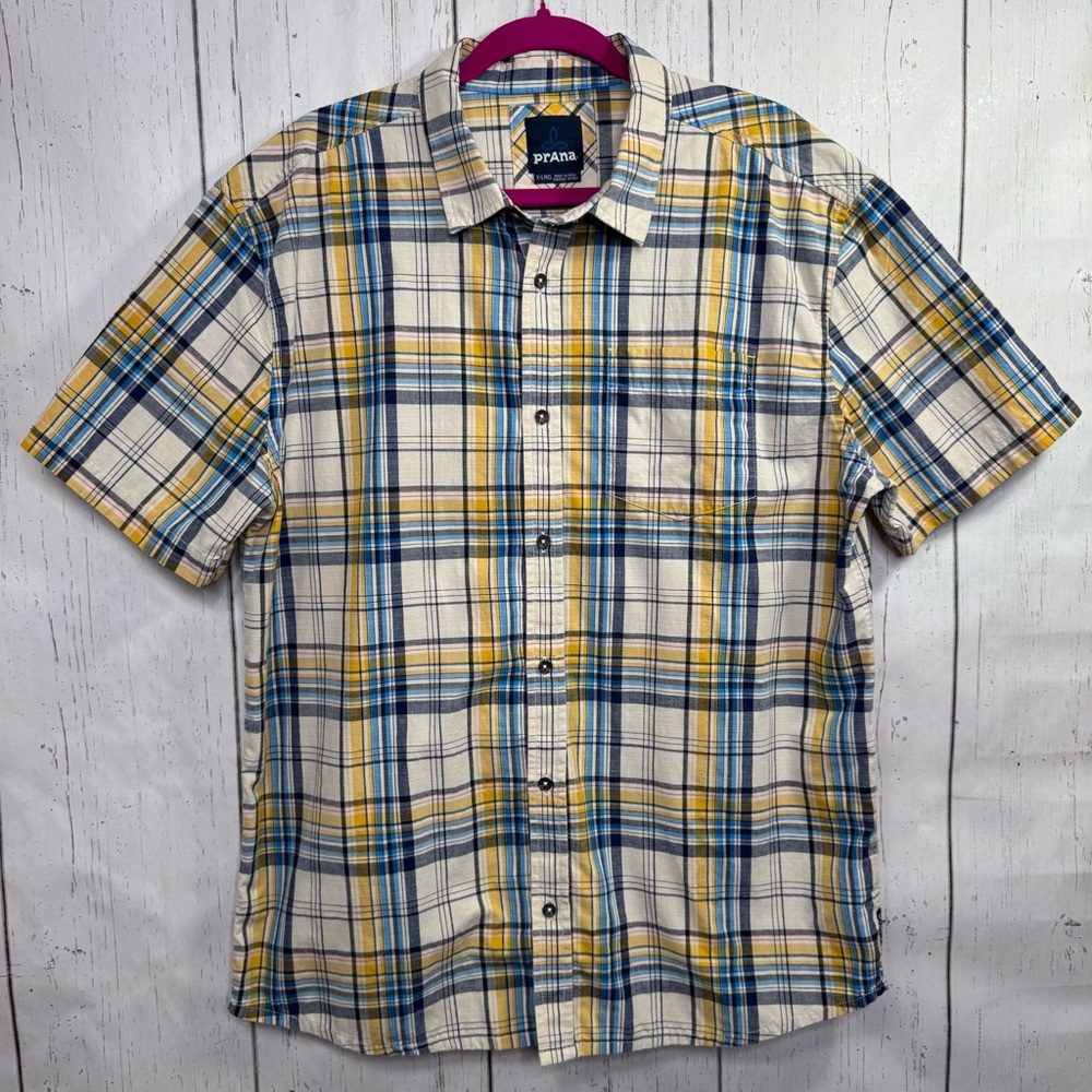 Prana Mens Plaid Short Sleeve Button Up Shirt XL Organic Cotton Casual Relaxed